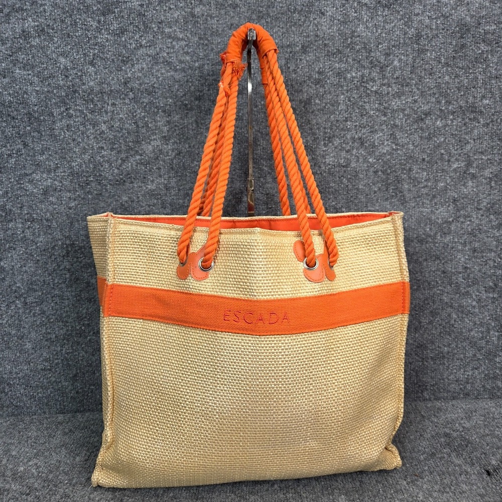 Escada Orange Woven Straw Beach Nautical Tote Bag  Beach Bag Orange Lining y2k